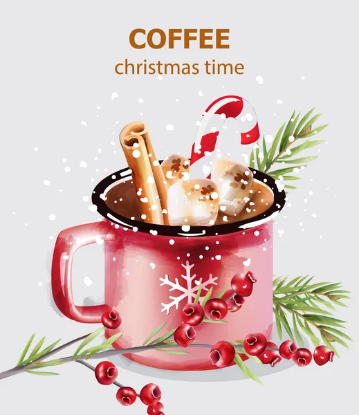 Copo de café tempo de Natal com doces e decorações de férias — Vetor de Stock