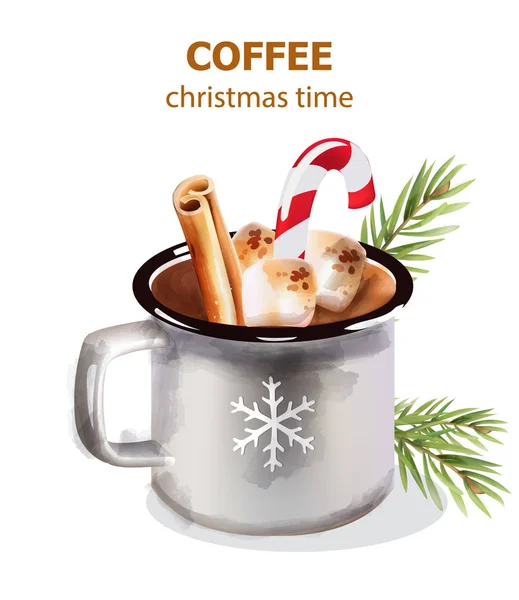 Weihnachtszeit Kaffeetasse mit Süßigkeiten und Weihnachtsdekoration — Stockvektor