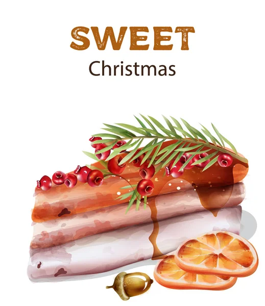 Γλυκό χριστουγεννιάτικο κέικ με κόκκινα μούρα στην κορυφή — Διανυσματικό Αρχείο