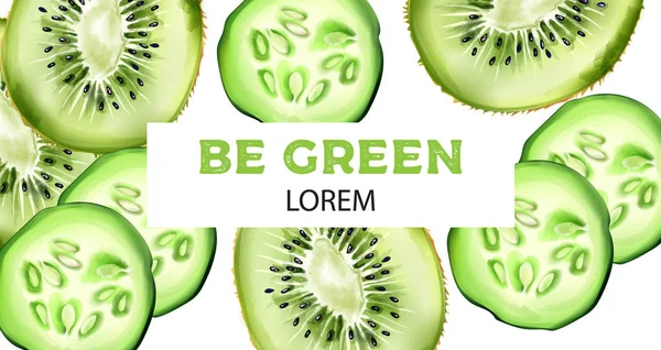 Groene waterverf gesneden kiwi 's en komkommers — Stockvector