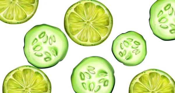 Groene komkommer en limoenschijfjes voor banner — Stockvector