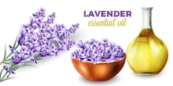 Aceite esencial de lavanda con flores — Vector de stock