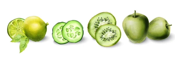 Groene waterverf appel, kiwi, limoen en komkommer — Stockvector