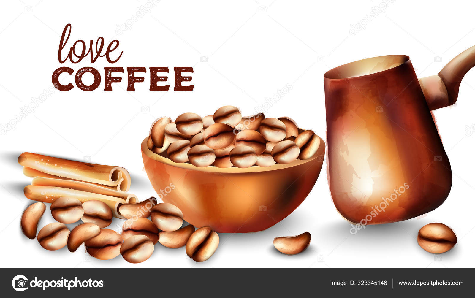 Coffee beans in a tray, cinnamon sticks and cooper pot Stock Vector