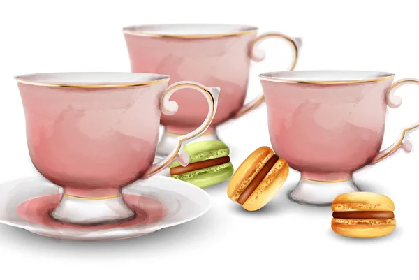 Tazas de té de acuarela rosa con dulces macarrones — Vector de stock