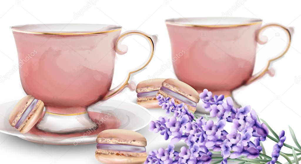 Pink watercolor tea cups with macaroon sweets