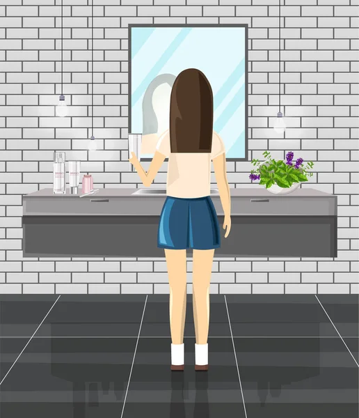 Дівчина використовує сучасну ванну кімнату вранці — стоковий вектор