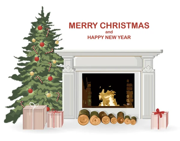Весёлой рождественской композиции с дымоходом и елкой — стоковый вектор