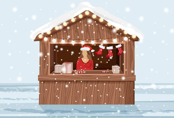 Χριστουγεννιάτικο περίπτερο με γυναίκα στο καπέλο πώλησης προϊόντων διακοπών — Διανυσματικό Αρχείο