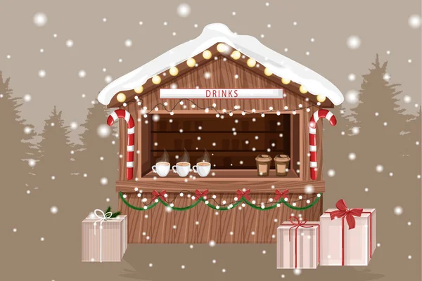 Feira de Natal stand com bebidas quentes para venda — Vetor de Stock
