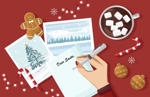 Frau tippt einen Brief für den Weihnachtsmann — Stockvektor