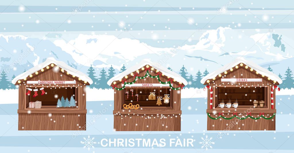 Christmas fair market stands with sweets and drinks