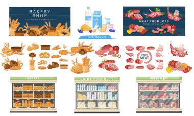 Süpermarketin et dükkânı, bohça vektörü düz stili. Yiyecek alışverişi. Satış şablonu pankartları