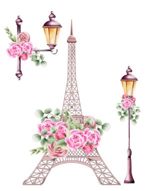 Gül çiçeği ve yeşil yapraklarla süslenmiş şehir lambaları.