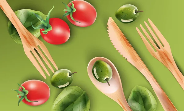 Ahşap yemek tabakları ve sebzelerle suluboya kompozisyonu — Stok Vektör