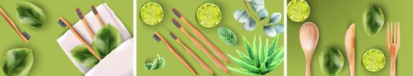 Grote set bamboe tandenborstels en eetgerei — Stockvector