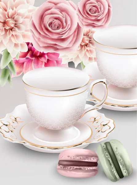 Composición acuarela con tazas de té rosa y dulces macarrones — Archivo Imágenes Vectoriales