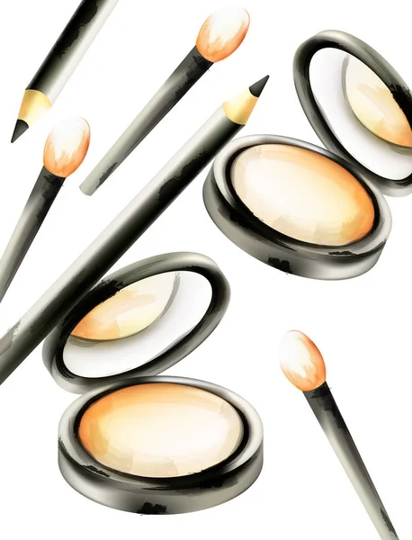 Maquillage visage poudre avec pinceaux et crayons pour les yeux — Image vectorielle