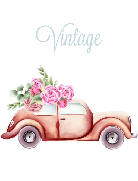 Vintage pink car with rose flowers and green leaves on the roof — Stock Vector