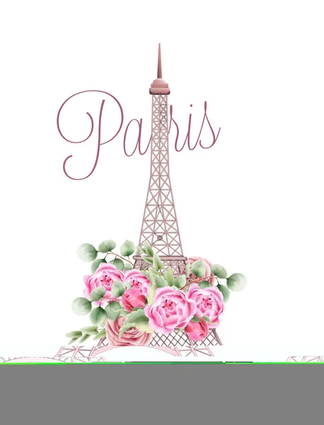 Tour Eiffel décorée de fleurs roses et de feuilles vertes — Image vectorielle