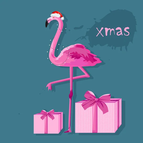 Rosafarbener Flamingo mit weißen Lichtern und Geschenkschachteln — Stockvektor