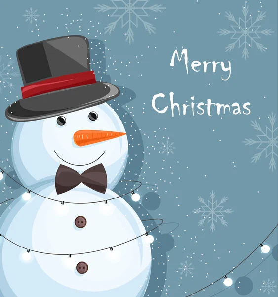 Feliz Navidad muñeco de nieve con cinta negra y sombrero — Vector de stock