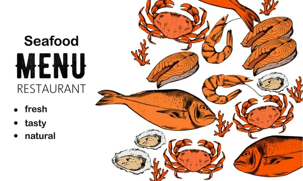 Composição do menu de frutos do mar com bife de peixe vermelho, ostras e caranguejos — Vetor de Stock