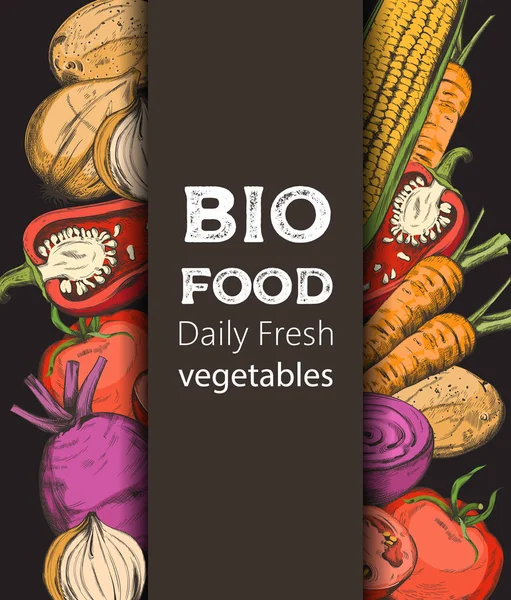 Colorida composición de arte de línea con verduras bio — Vector de stock