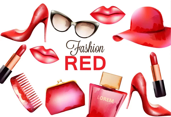 Модні червоні вироби, включаючи гребінець, окуляри, помаду, парфуми, сумку та високі підбори. Акварельні вектори — стоковий вектор