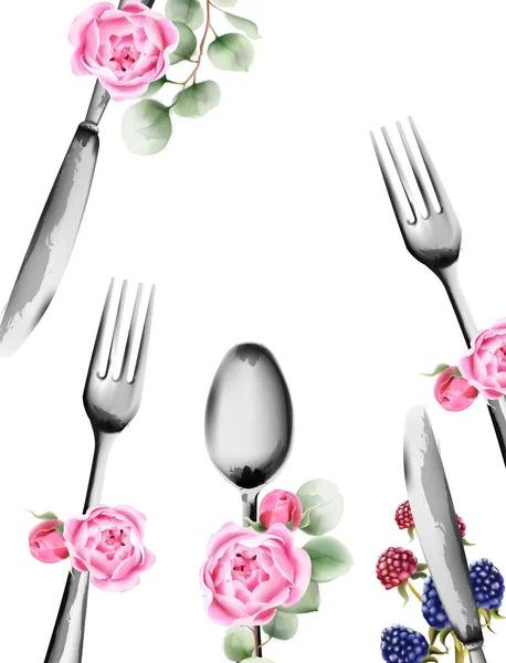 Utensílios de comida com ornamentos de flores de rosa. Colher e garfo. Vetores aquarela —  Vetores de Stock