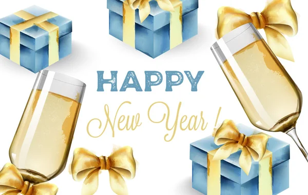 Frohes neues Jahr mit einem Glas Champagner und blauen Geschenkboxen — Stockvektor