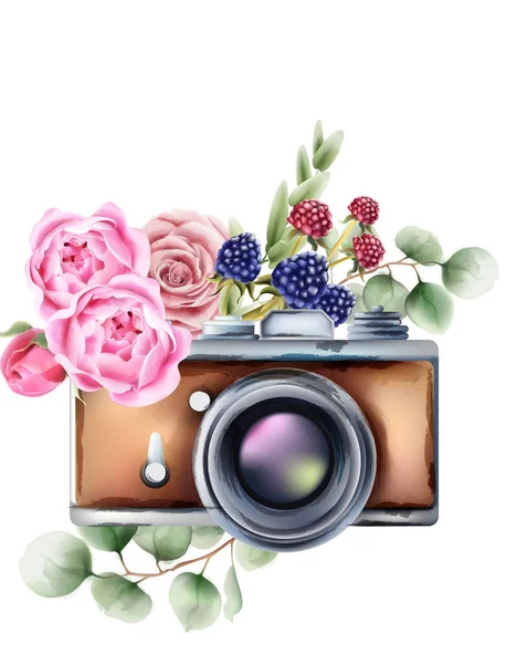 Ρετρό στυλ κάμερα με τριαντάφυλλο λουλούδια και μούρα στολίδια — Διανυσματικό Αρχείο