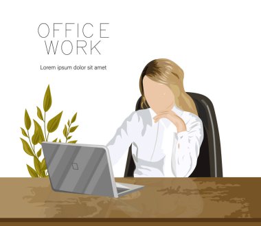 Ofiste yeşil bir fabrikanın yanında dizüstü bilgisayarda çalışan bir kız.