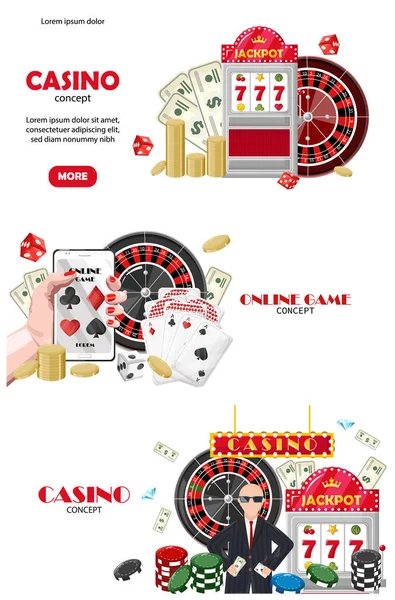Casino set of site template concepts. Online game on mobile phone, rich people. Playing cards, slot machine, dices, chips. Vectors — Stock Vector