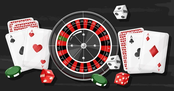 Composición de la ruleta del casino con dados rodantes, cartas y fichas sobre fondo de madera oscura. Vectores — Vector de stock