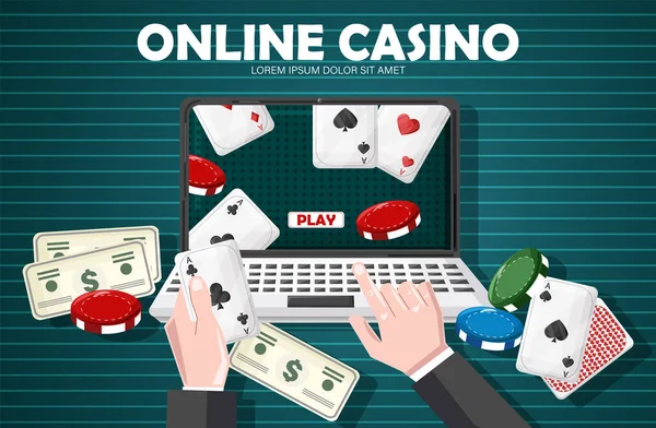 Człowiek gra w kasynie online z obiektami gry na stole — Wektor stockowy