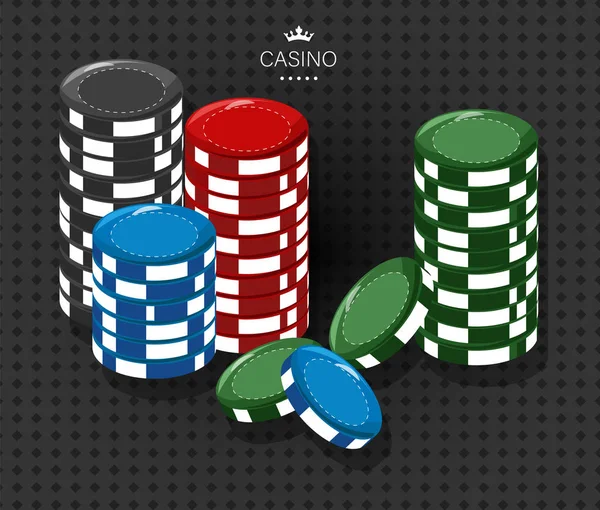 Casino fichas de varios colores. Rojo, negro, verde y azul. Patrón oscuro en el fondo. Vectores — Archivo Imágenes Vectoriales