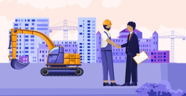 Müteahhit bir inşaat işçisiyle el sıkışıyor.