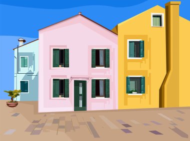 Renkli pembe, mavi ve sarı binalar. Minimalist stil. Ön cephe vektörleri
