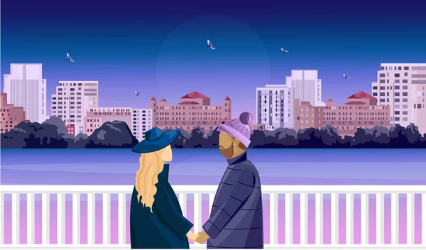 一对成熟夫妇在桥上准备接吻的浪漫场景 — 图库矢量图片
