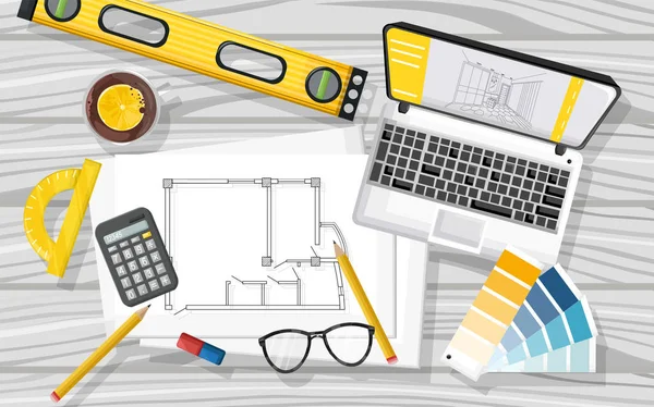 Scrivania architetto con laptop, strumento di livello, tè, occhiali, calcolatrice, cianografia — Vettoriale Stock