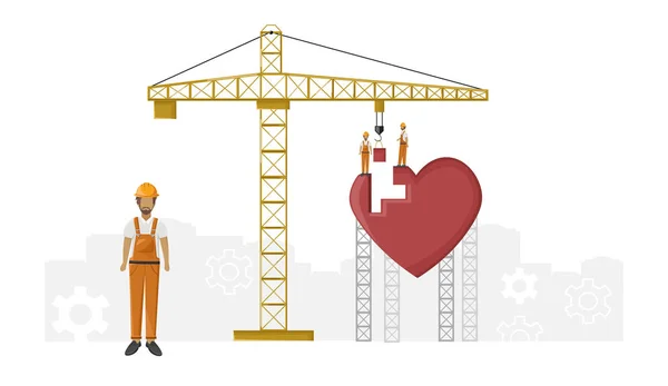 İnşaat işçileri kalp bloklarıyla inşa ediyorlar. — Stok Vektör