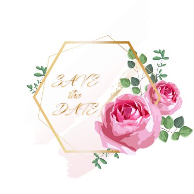 Gül çiçekli ve yapraklı romantik davetiye kartı