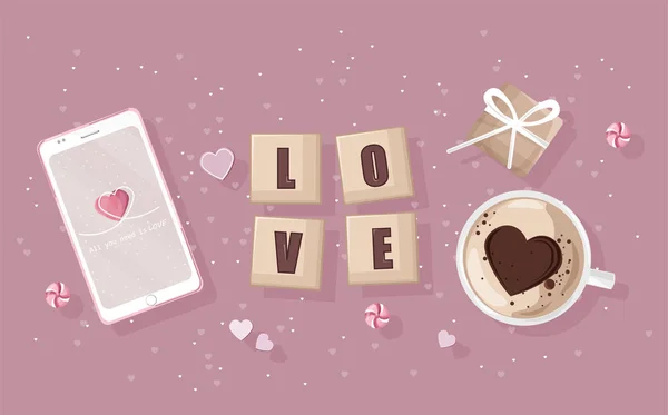 Смартфон з романтичною композицією дня. Подарункові коробки, кава з формами серця — стоковий вектор