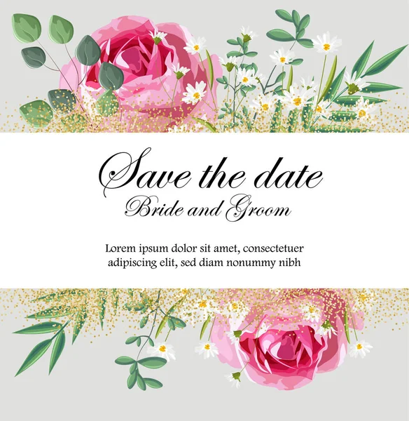 Romantic invitation card with rose, chamomile flowers and leaves — 스톡 벡터