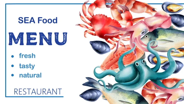 Watercolor sea food menu with fresh fish and mollusc — Stock Vector