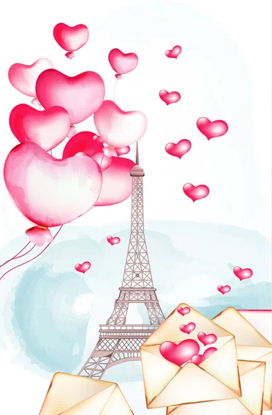 Tour Eiffel avec ballons aquarelle volant à proximité — Image vectorielle