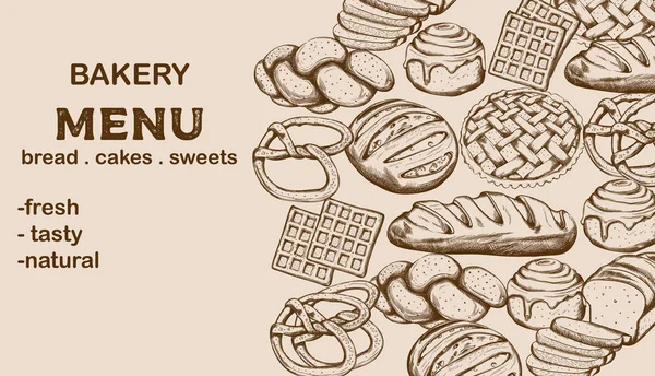 Sütőipari menü kenyérrel, süteményekkel, édességekkel és szöveges helyekkel — Stock Vector