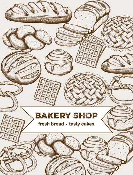Linea art set di prodotti da forno tra cui vari tipi di pane e dolci — Vettoriale Stock