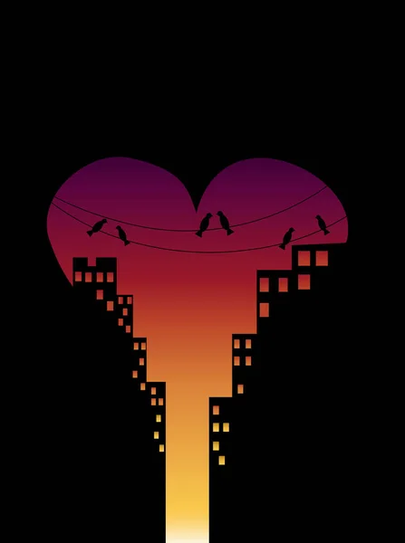 Ciudad en el día del amor al atardecer con edificios y pájaros — Vector de stock